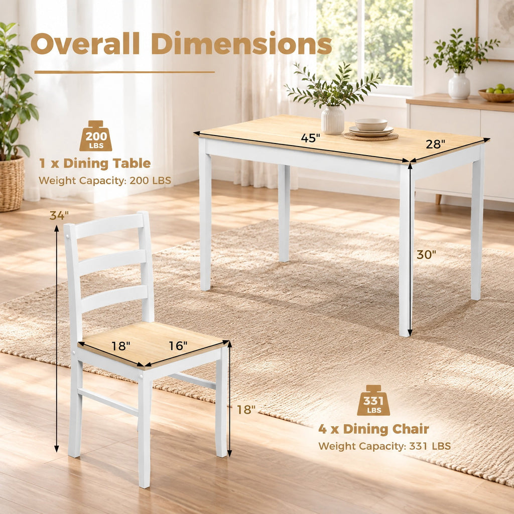 Airfind 5-Piece Wooden Dining Set with Rectangular Table and 4 Chairs, 200 lbs Capacity, Rubber Wood Acacia Wood Veneer MDF Plywood Frame, Natural