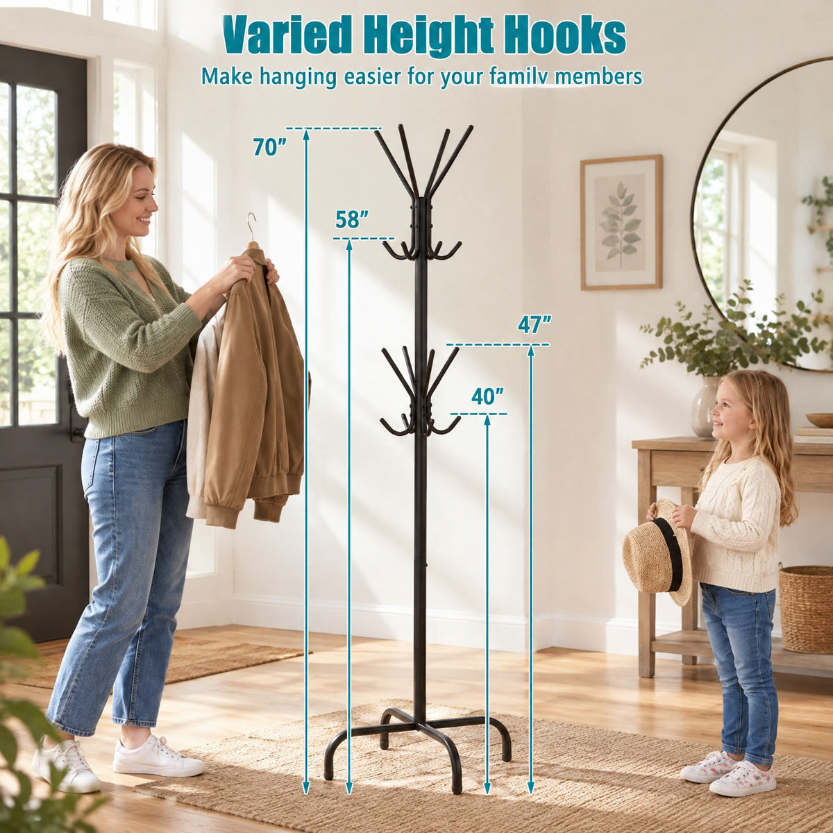 Airfind Metal Coat Rack Freestanding with 16 Hooks and 4 Legs for Entryway Office Bedroom, 6.5 lbs Capacity, Metal, 22 Inch x 22 Inch x 70 Inch