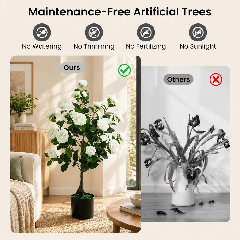 AIRFIND Artificial Camellia Tree, 35.5 in Faux Flower Plant with 24 Blossoms, 174 Leaves and Cement-Filled Pot for Home Decor, White