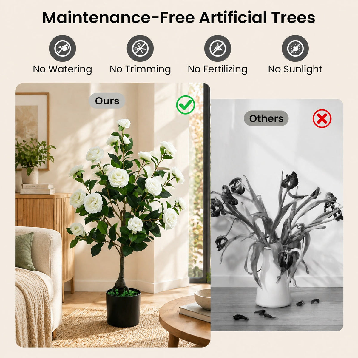 AIRFIND Artificial Camellia Tree, 35.5 in Faux Flower Plant with 24 Blossoms, 174 Leaves and Cement-Filled Pot for Home Decor, White