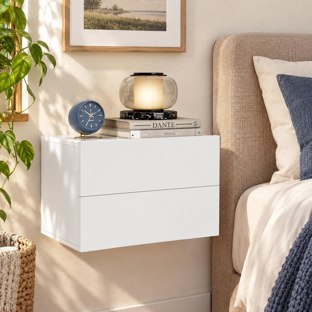 Airfind Floating Nightstand with 2 Storage Drawers Wall Mounted for Bedroom, White, Wide tabletop and 2 drawers keep bedtime essentials within reach