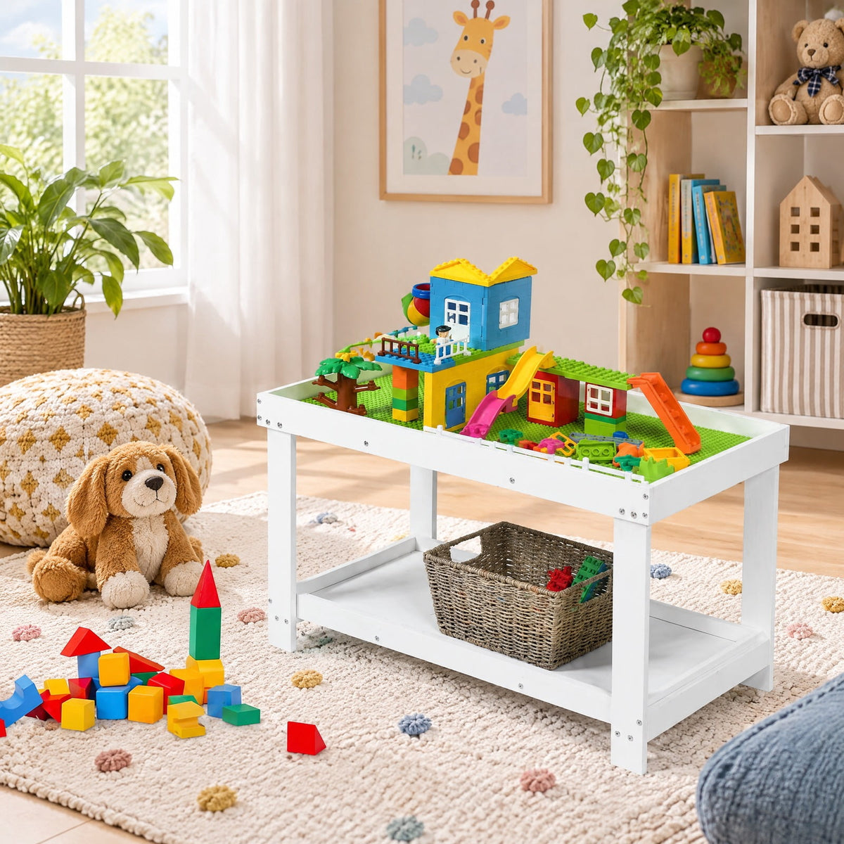 AIRFIND Kids Activity Table with Removable Top and Building Block Board, Hidden Toy Storage and Lower Shelf, 32.5 in Pine, White