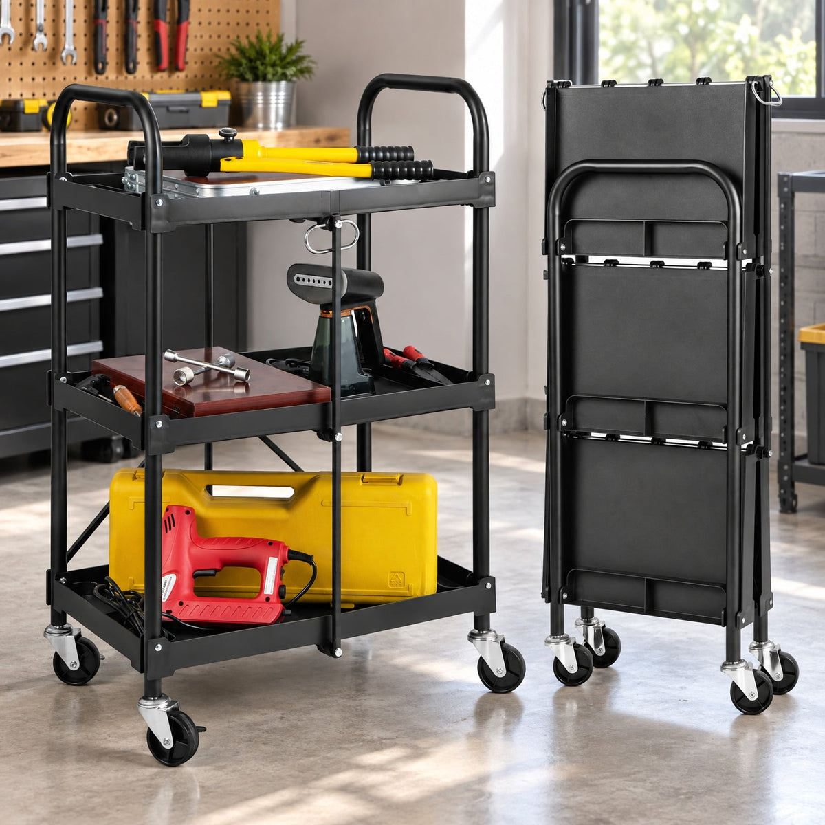Airfind 3-Tier Folding Trolley Cart with Universal Wheels Heavy Duty for Warehouse, 33 lbs Capacity, Metal Frame, 24 x 16 x 38.5 Footprint, Black