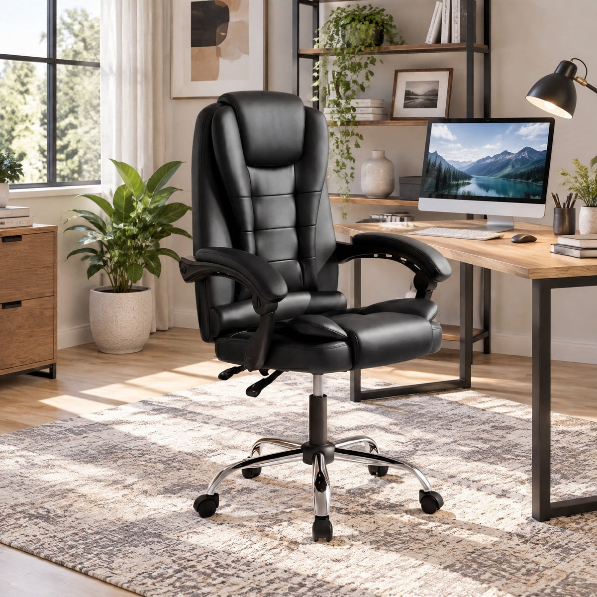 Airfind Big High Back Executive Chair with Linkage Armrests and Leather Padded Seat for Office, 330 Lbs Capacity with Black: PVC Leather Sponge, Black