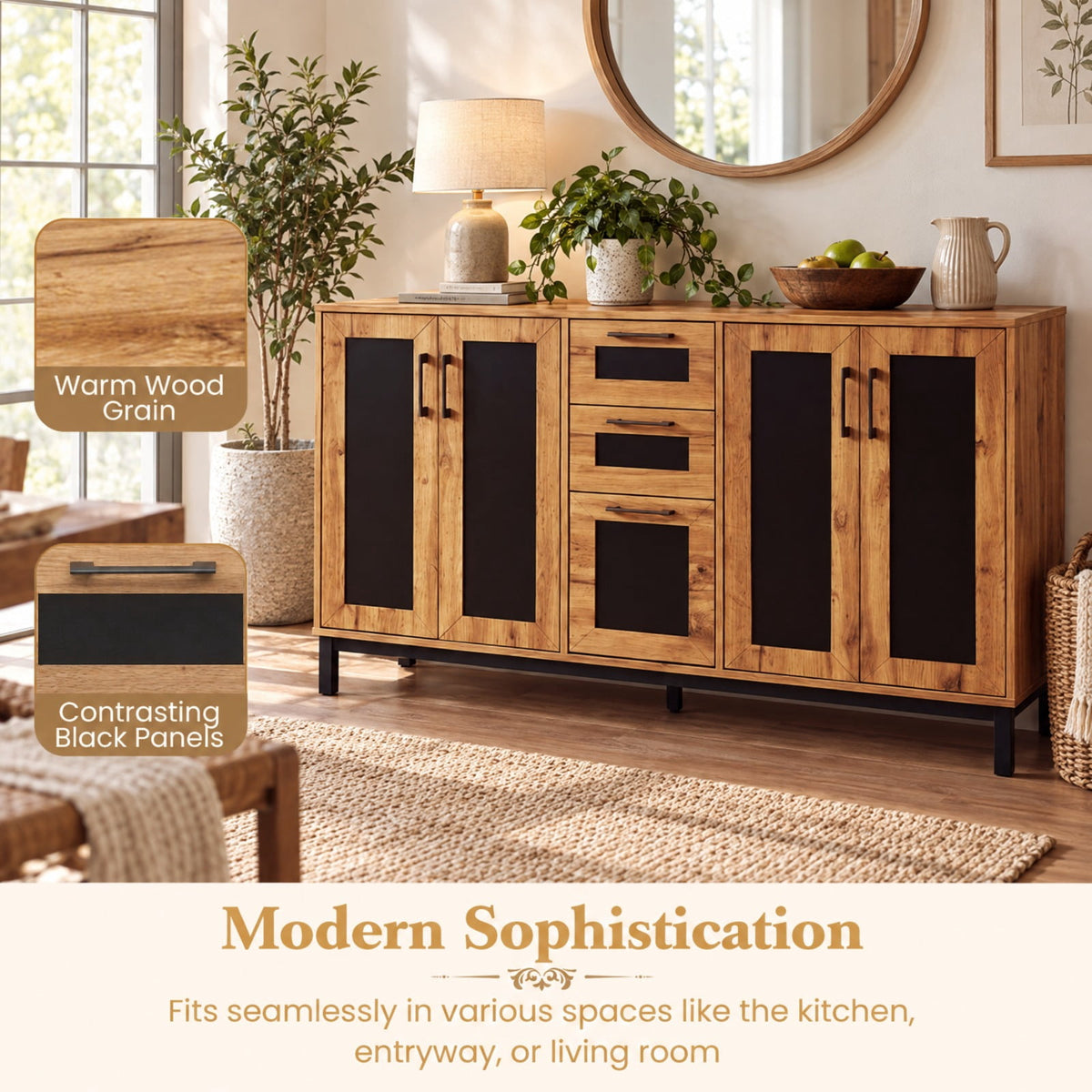 Airfind 63 Inch Sideboard Buffet Cabinet with 3 Drawers and Storage Shelves, 135 lbs Capacity, Engineered Wood Frame, 63 Inch x 16 Inch x 37.5 Inch Footprint