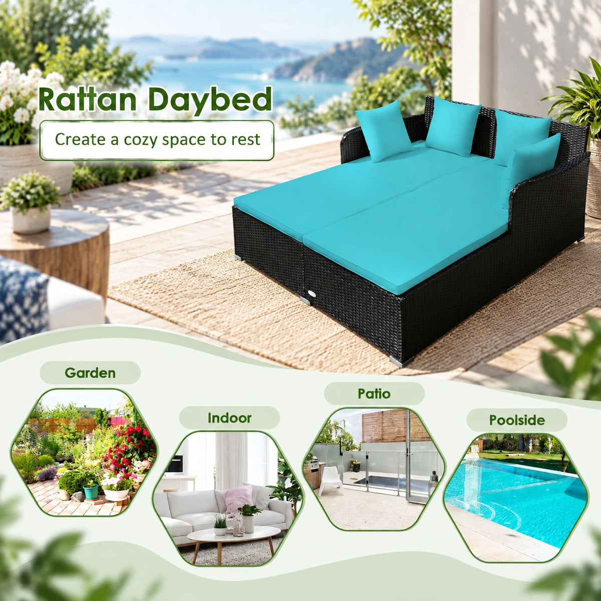 Airfind Spacious Outdoor Rattan Daybed with Upholstered Cushions and Pillows, 800 lbs Capacity, Rattan Steel Sponge Frame, Turquoise