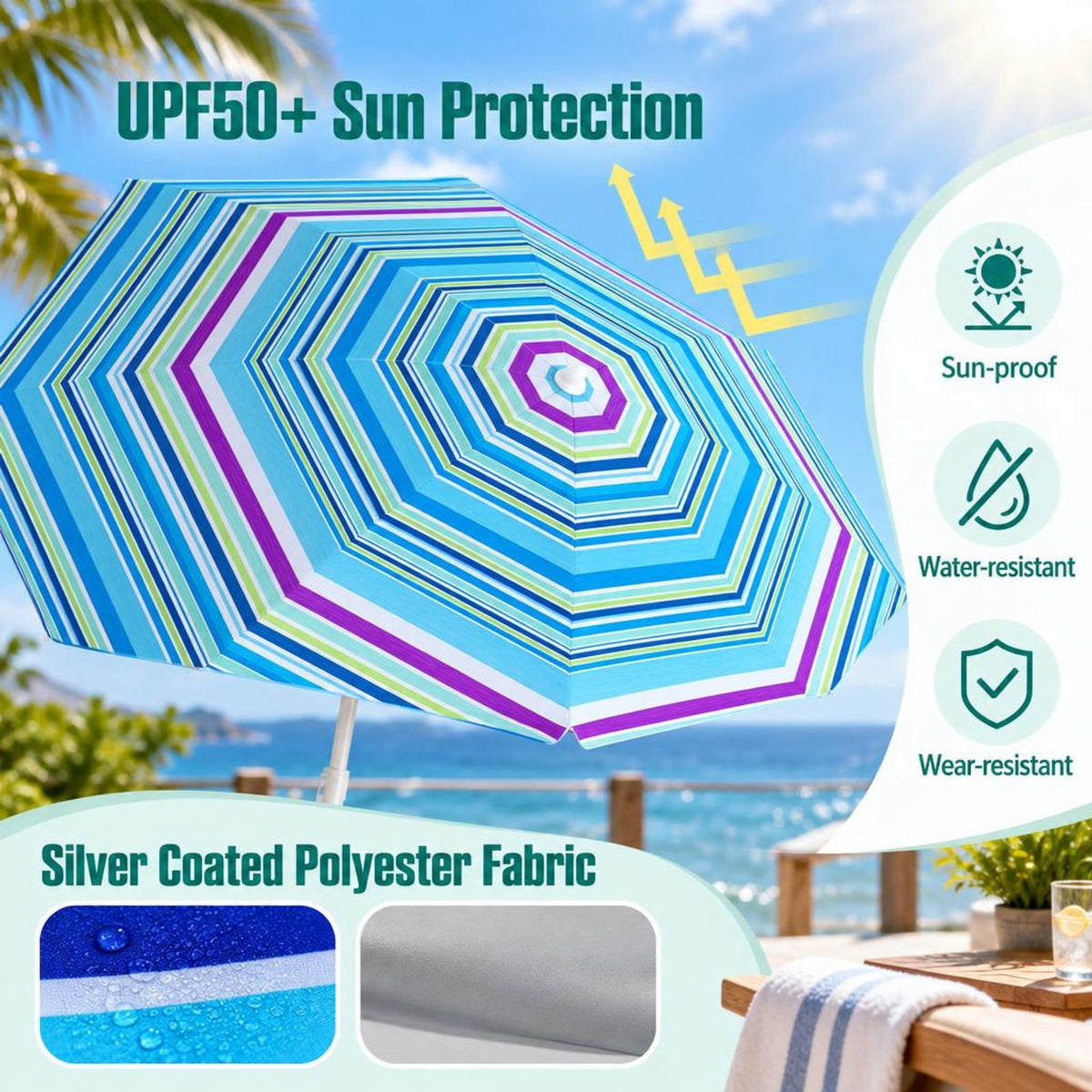 Airfind 6.5 FT Beach Umbrella UPF 50+ with Sand Anchor for Garden Pool, Polyester Fabric Metal Aluminum Alloy PP Frame, Blue Stripe