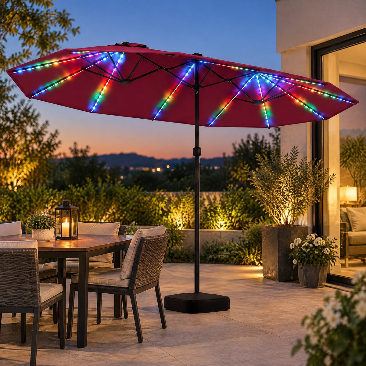 Airfind 15.5FT Extra-Large Patio Umbrella with Base 12 Reinforced Ribs, 180G Polyester Fabric Metal External Frame, Red