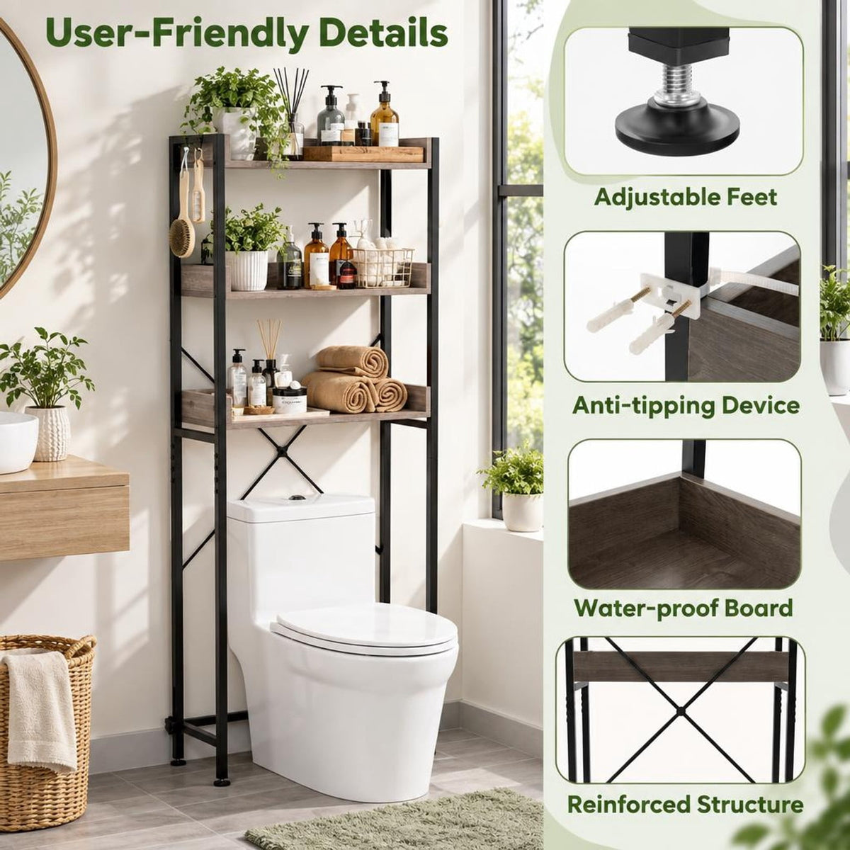 Airfind Over The Toilet Storage Rack with Hooks and Adjustable Bottom Bar, Metal Engineered Wood Frame, Grey