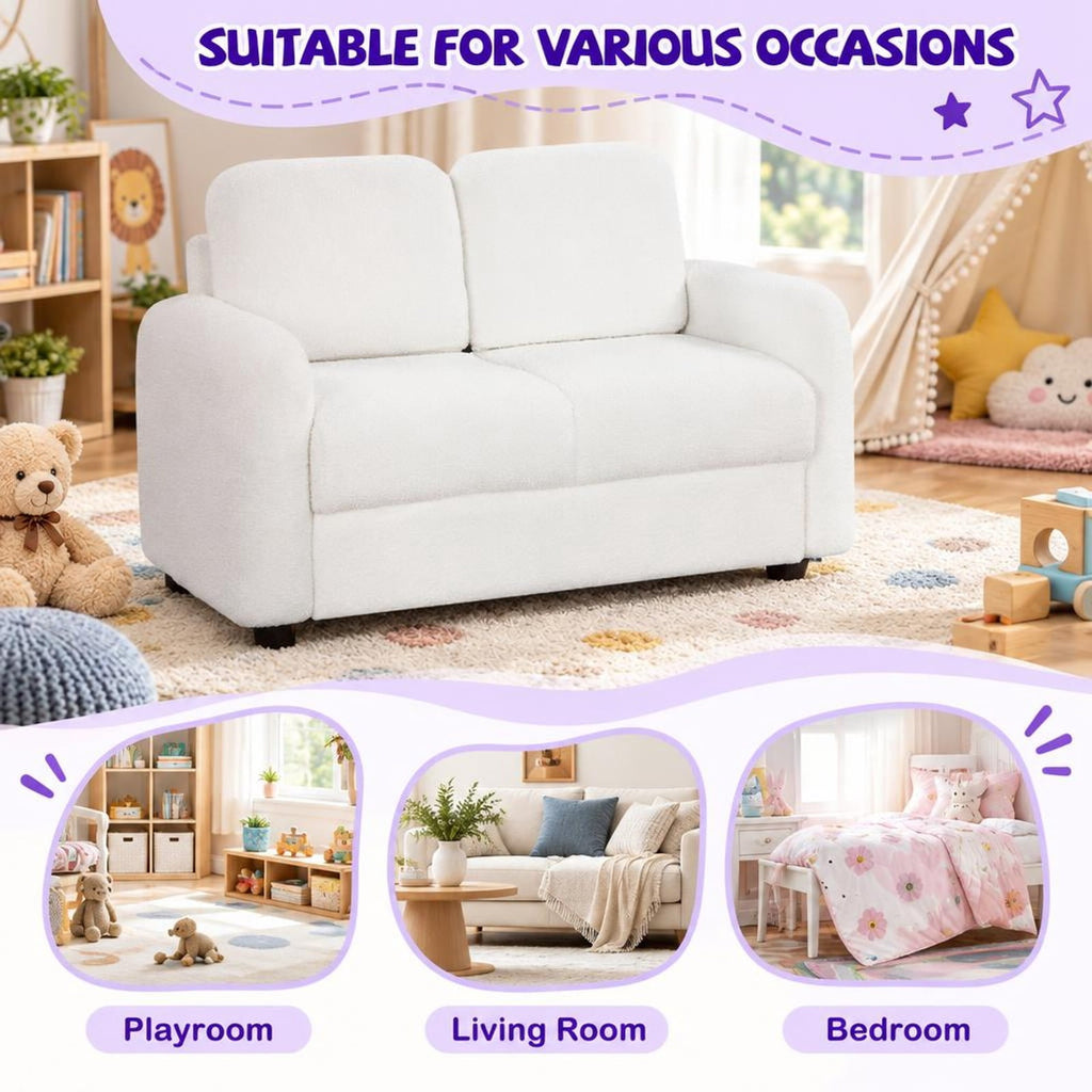 Airfind 2-Seat Kids Sofa Toddler Sofa Couch with Soft Teddy Fleece Upholstery and Solid Wooden Frame, 330 lbs Capacity, for 3+ Years Old, White