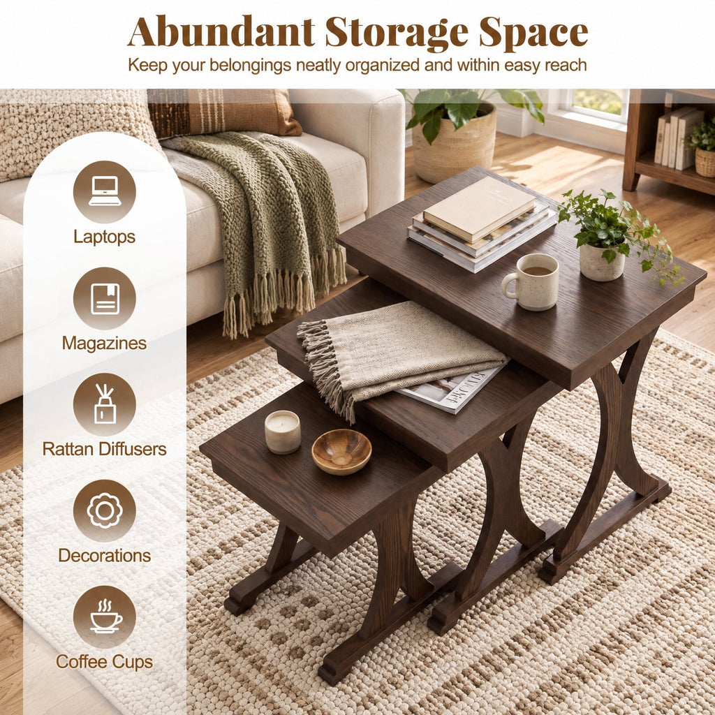 Airfind 3 Pieces Nesting Coffee Table Side Table with Solid Rubber Wood Legs, 71 lbs Capacity, Rubber Wood MDF Frame, 23 x 15 x 22 Footprint
