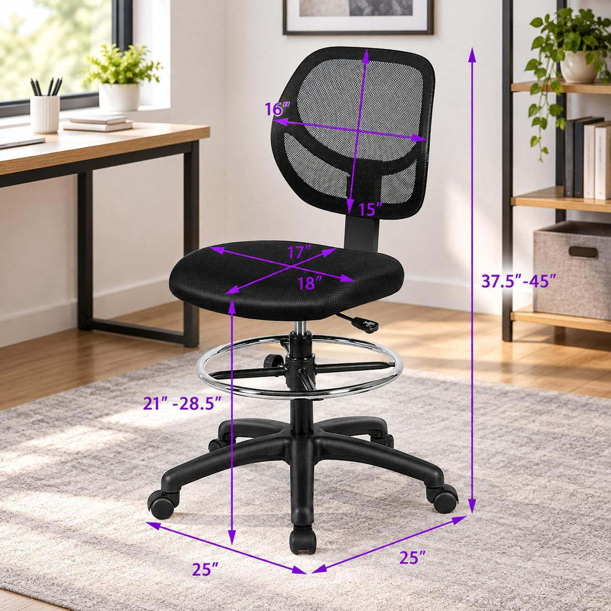 Airfind Adjustable Height Mid Back, Mesh Drafting Office Chair, 330 lbs Capacity, Mesh sponge plasticOverall Frame, BlackMain, Natural