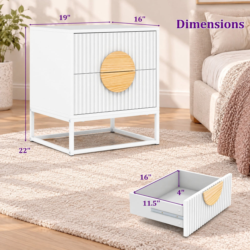 Airfind Modern Mid Century Fluted Nightstand with 2 Drawers and Pine Wood Handles for Bedroom, 66 lbs Capacity, Engineered Wood MDF Pine Wood Frame