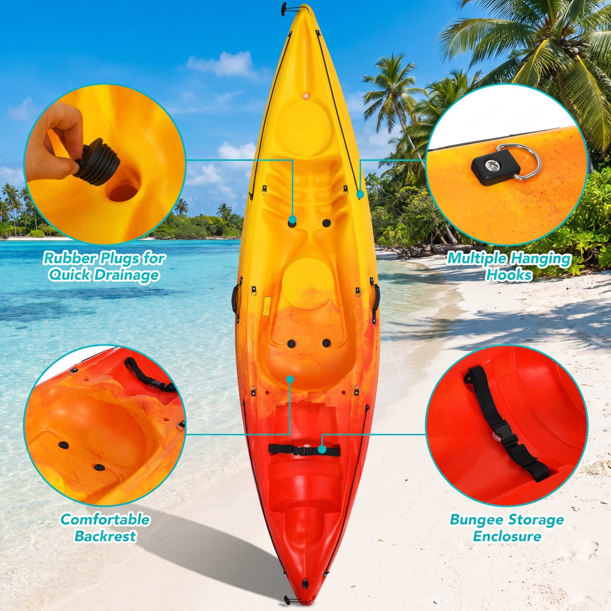Airfind Single Sit on Top Kayak with Detachable Aluminum Paddle Adjustable Footrest and Bungee Storage for Adults Fishing and Sightseeing, Yellow