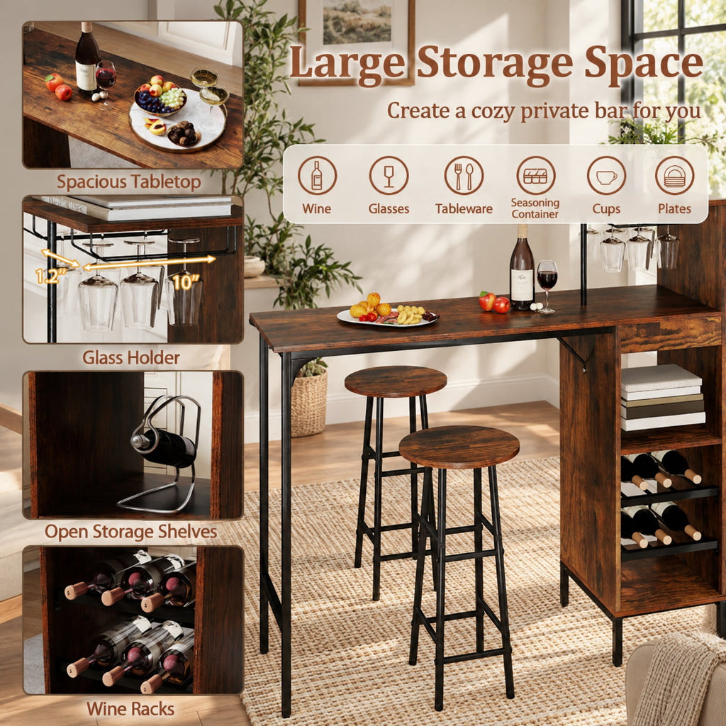 Airfind 3 Piece Bar Table and Chairs Set with 6-Bottle Wine Rack, MDF Metal, 48 Inch X 15.5 Inch X 48 Inch for Convenient Everyday Use, Brown