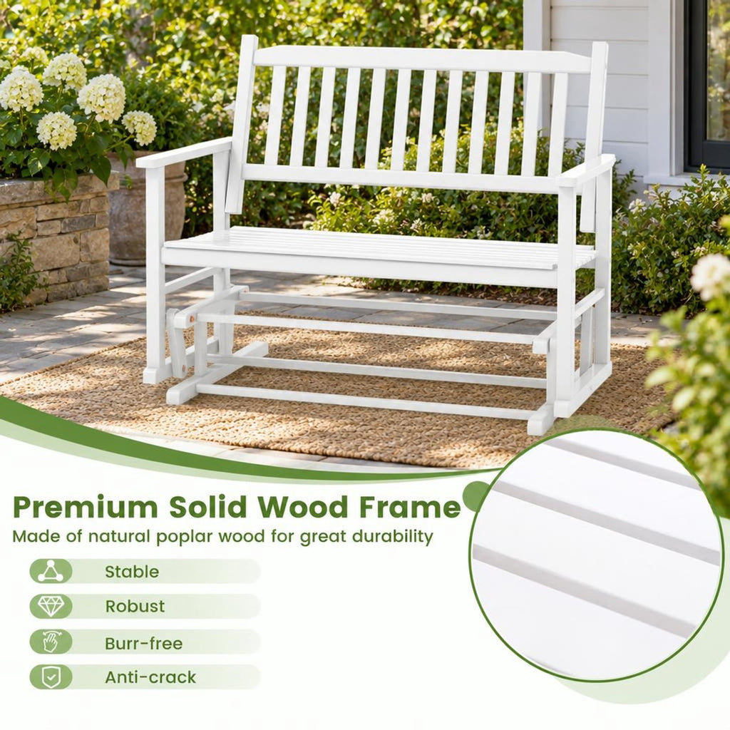 Airfind 2 Seats Outdoor Glider Bench with Armrests and Slatted Seat, 500 lbs Capacity, Poplar Wood Frame, 50 x 27 x 39 Footprint, White