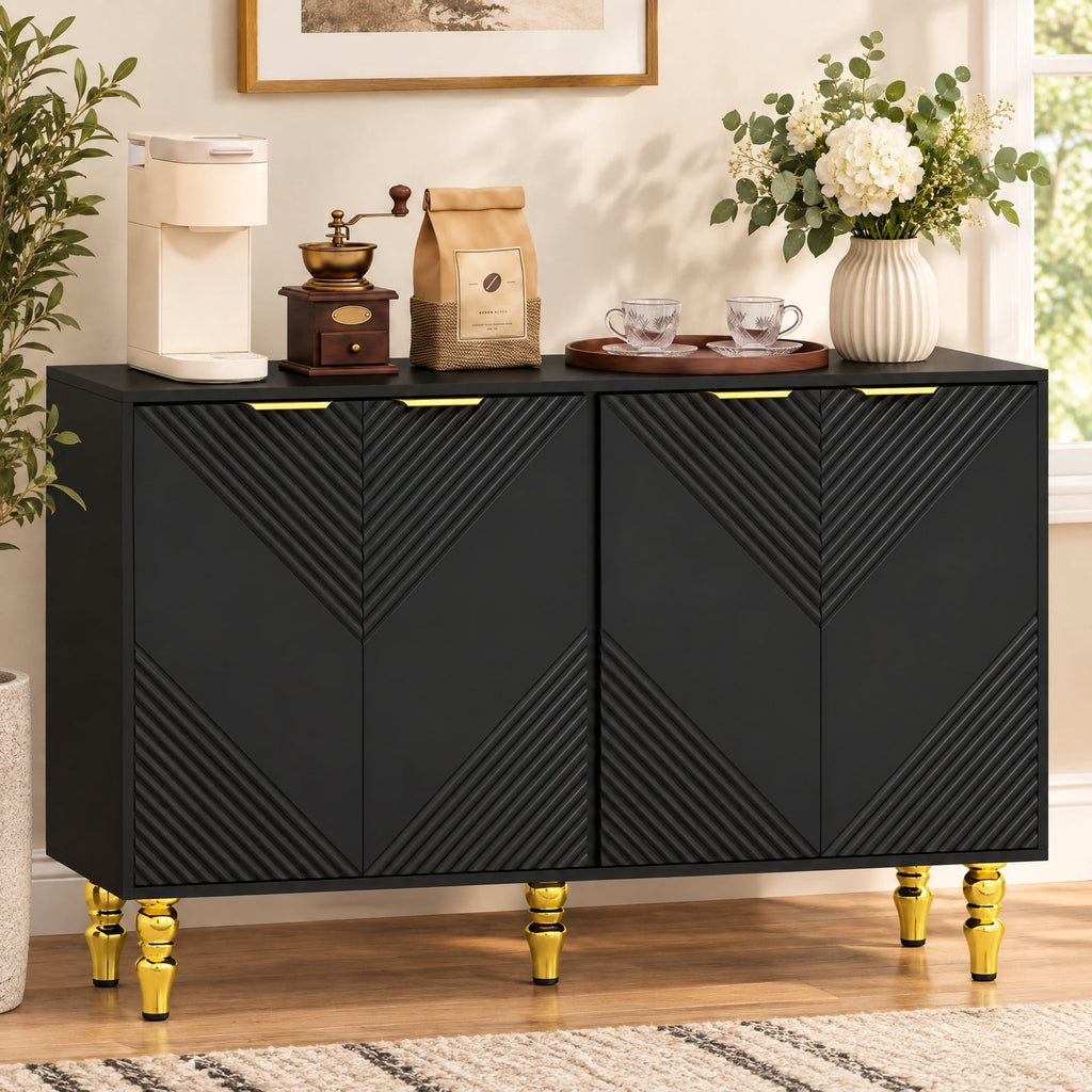 Airfind 47 Sideboard Buffet Cabinet with 4 Chevron Fluted Doors Anti-Toppling Devices for Kitchen, Black