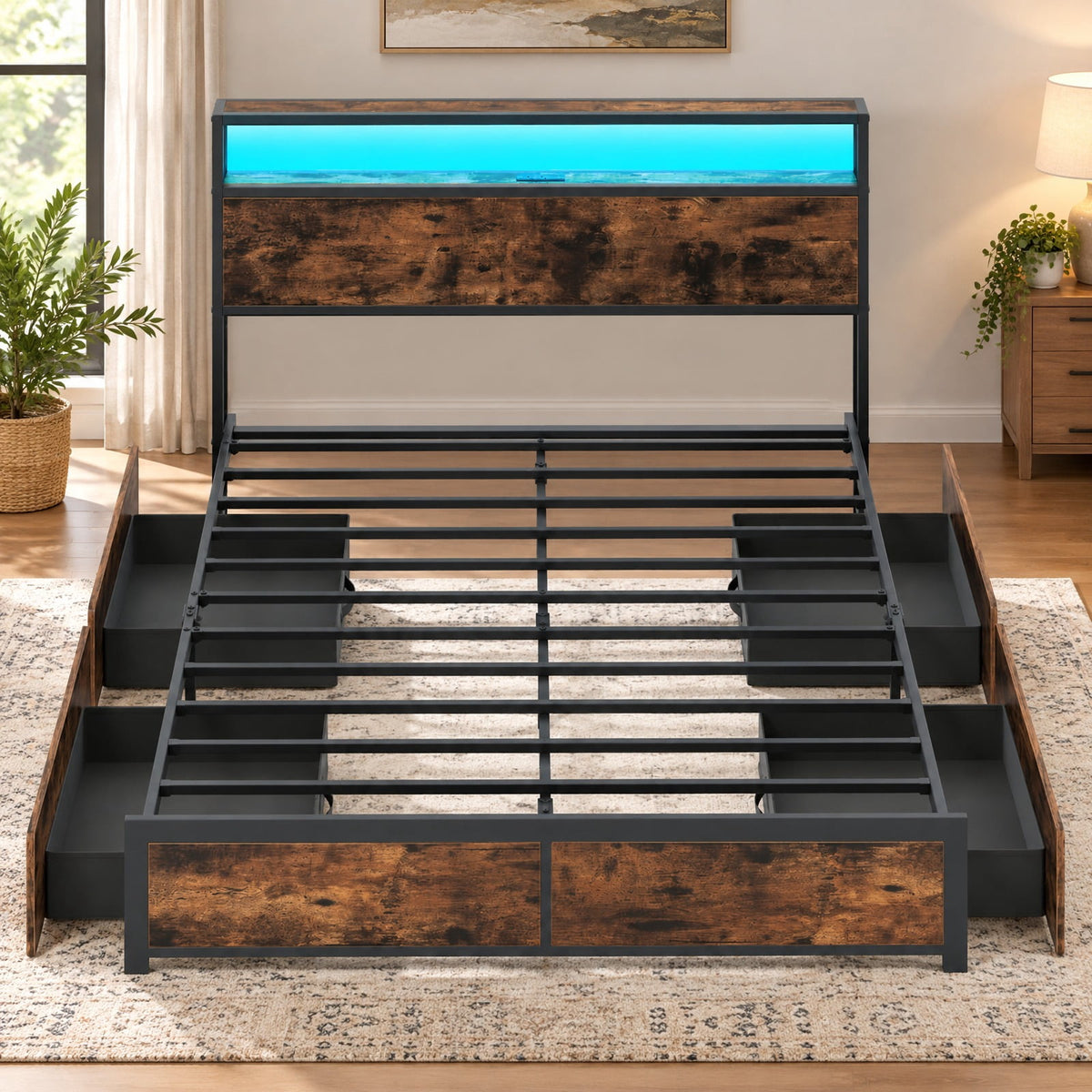 Airfind Full/Queen Size LED Bed Frame with Charging Station and 4 Storage Drawers, 81 Inch x 56 Inch x 40 Inch Inner Footprint