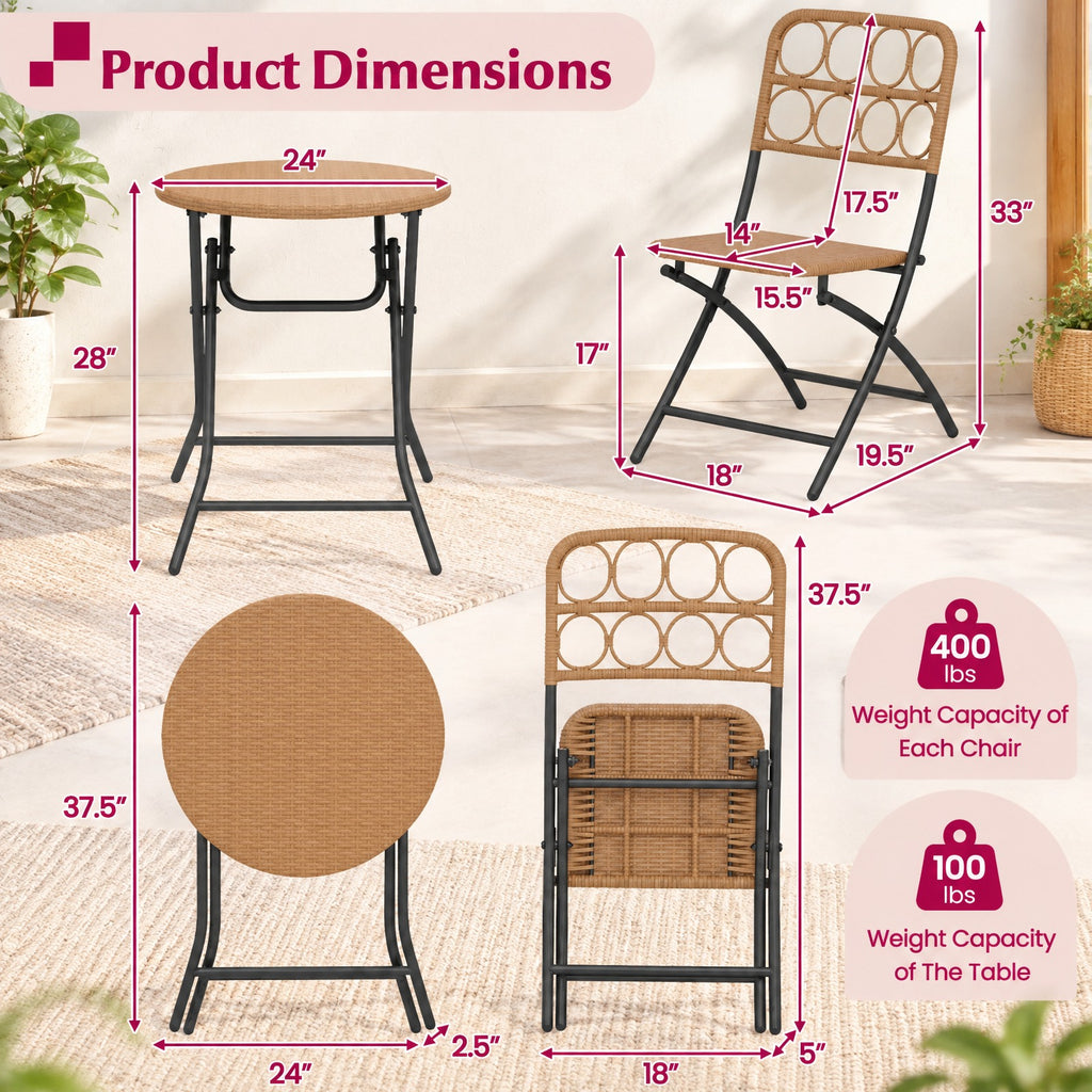 Airfind 3 Piece Patio Bistro Set Folding Round Table and Chairs with Wicker Seat, Chair 400 lbs Capacity, PE Rattan Metal Frame