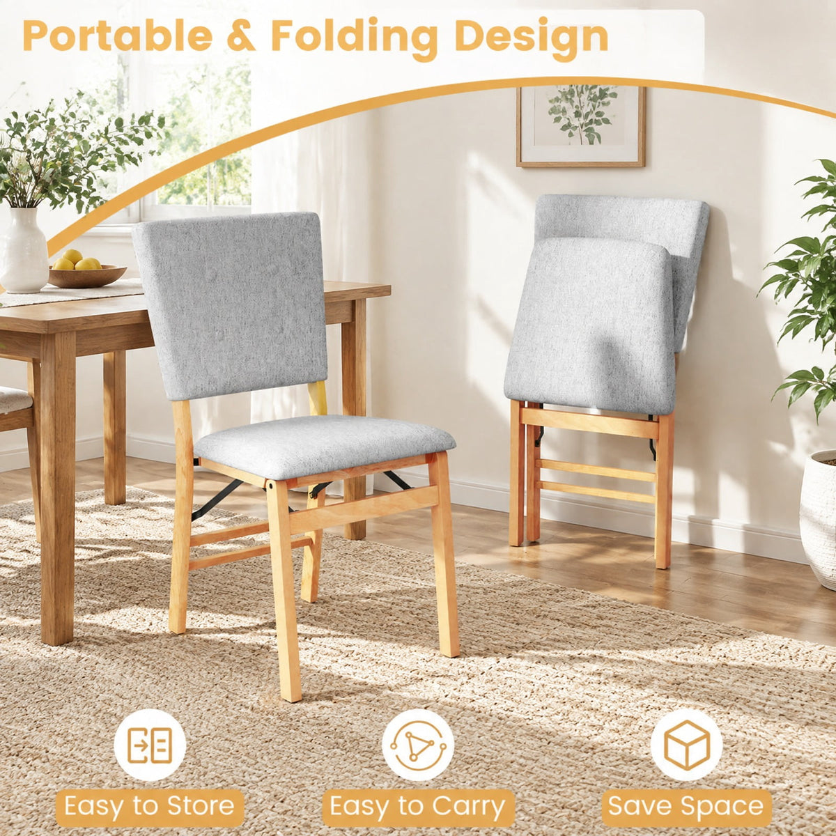 Airfind Foldable Dining Chair Set of 2 Armless Kitchen Chair with Padded Seat and Tilt Backrest, Rubber Wood MDF Sponge Linen Fabric Frame, Gray