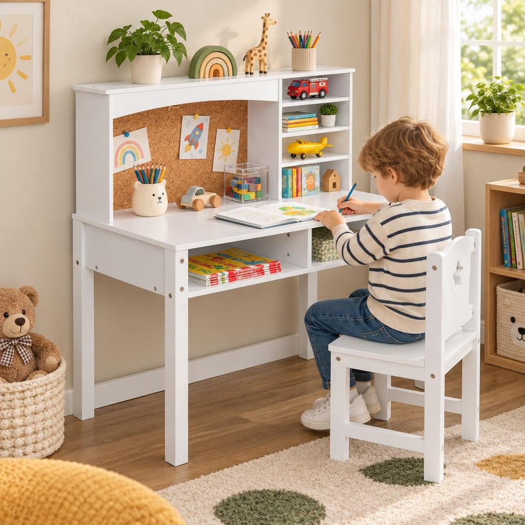 Airfind Kids Desk and Chair Set with Hutch and Bulletin Board for 3+ Kids, MDF Pine Wood Frame, 31 x 15.5 x 33.5 Footprint, White