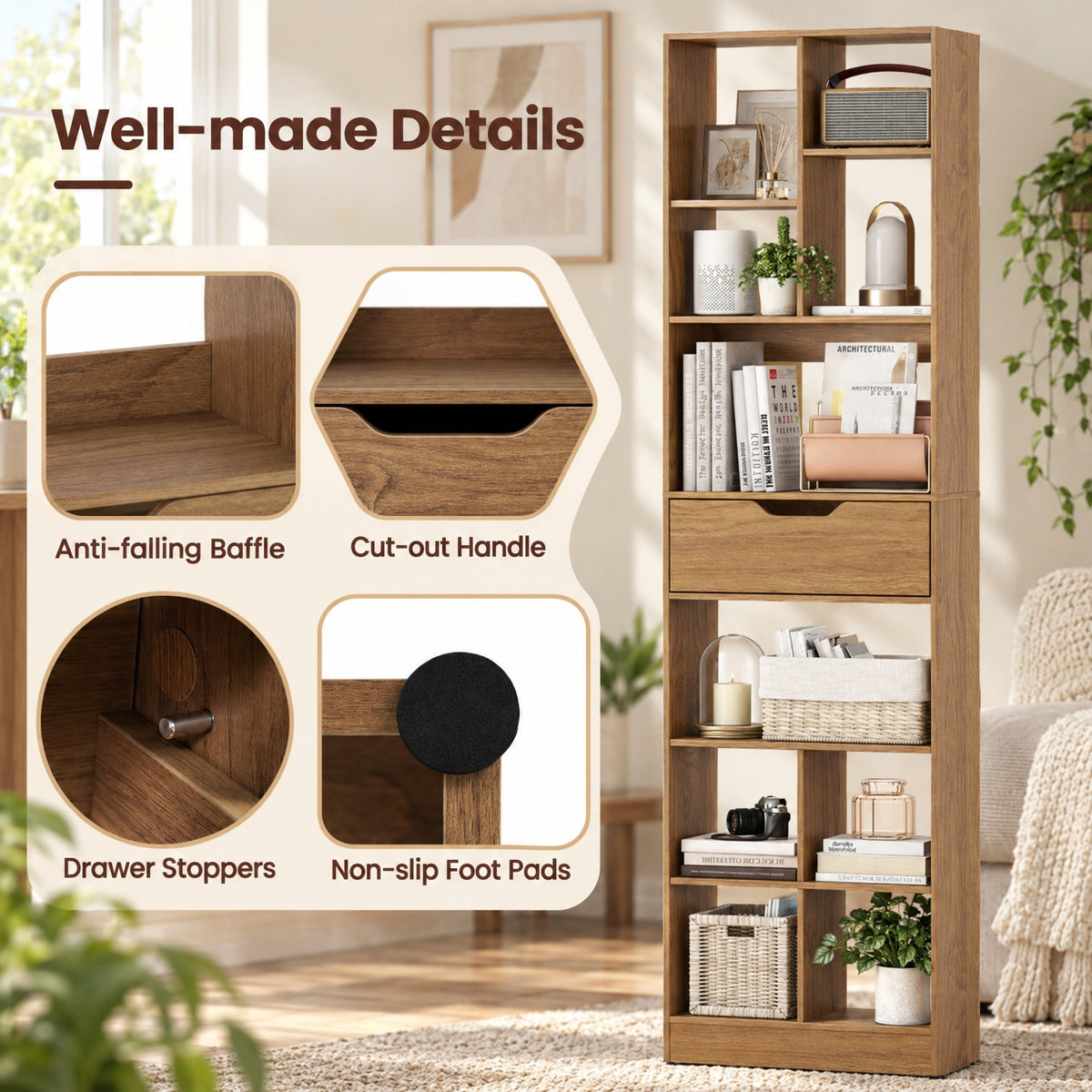 Airfind 71inch Tall Freestanding Bookcase with Drawer 10-Cube Storage Organizer, 205 lbs Capacity, Engineered Wood MDF Frame, Natural