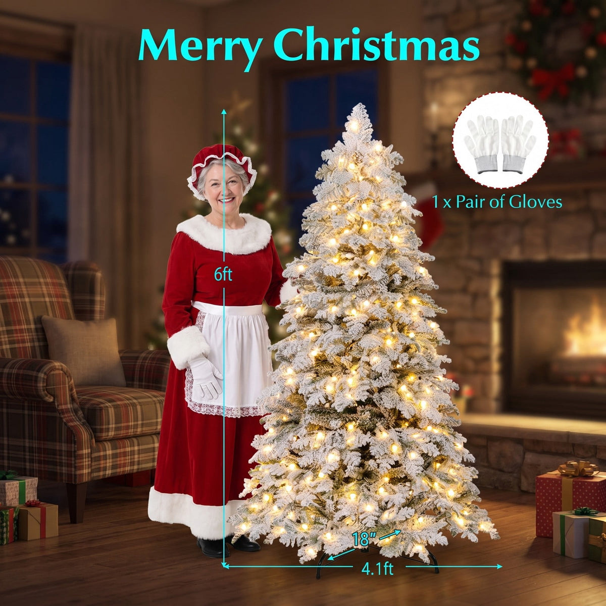 Airfind 6/7 Feet Artificial Snow-flocked Christmas Tree Pre-lit Hinged Xmas Tree with 130 Twinkle Balls-6 Feet, Green and White