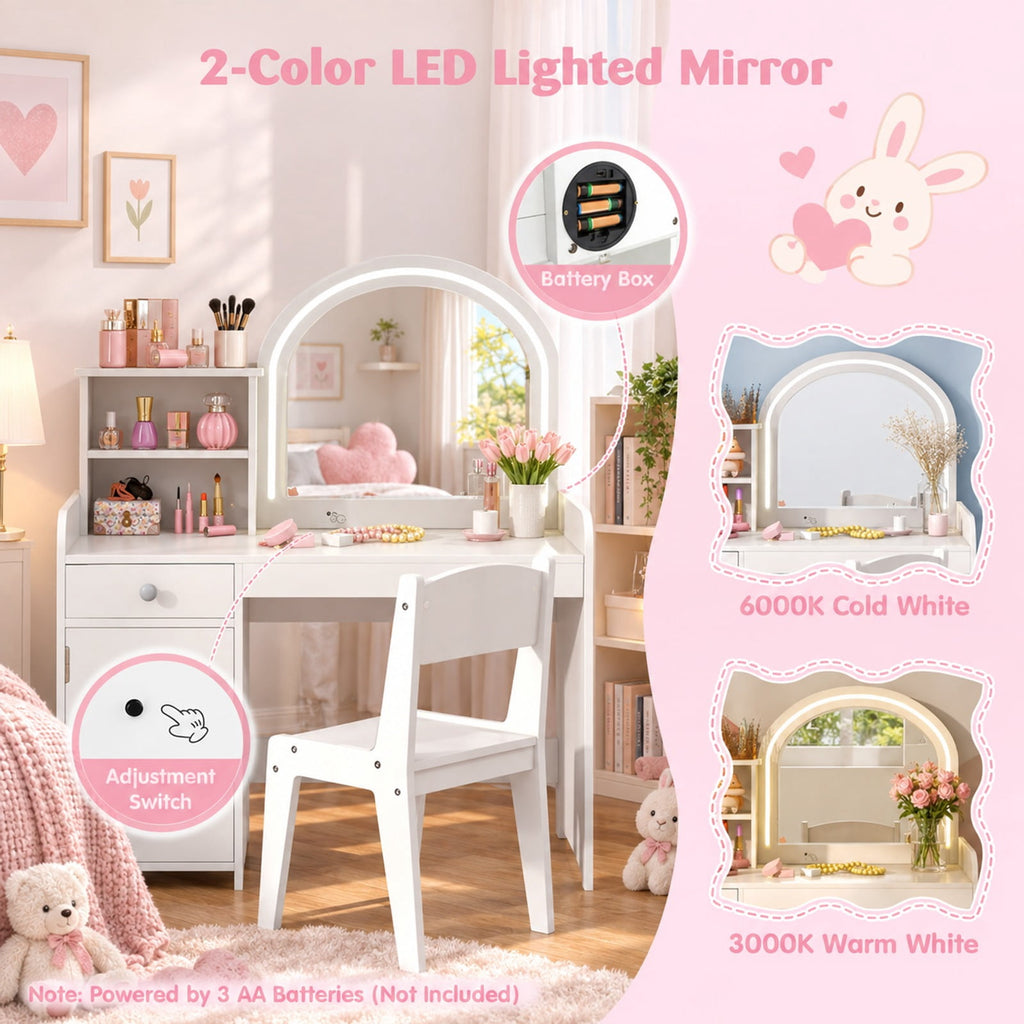 Airfind Kids Vanity Table and Chair Set with Shelves Drawer and Cabinet, P2 MDF Acrylic Frame, for Over 3 Years Old, 31.5 Inch x 16 Inch x 37 Inch Footprint