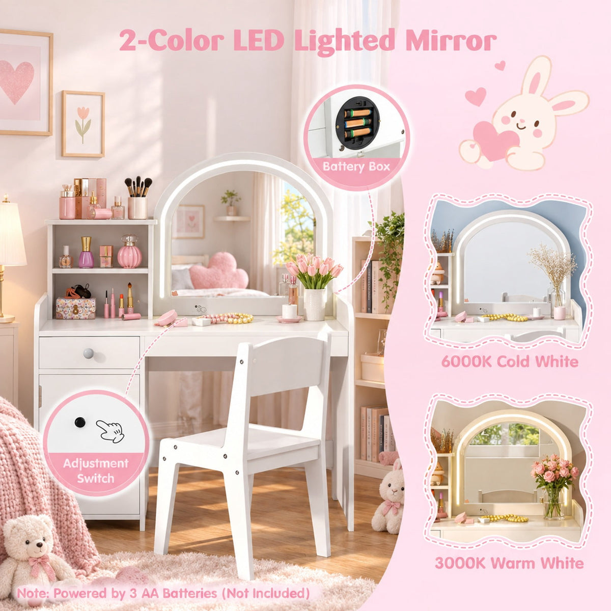 Airfind Kids Vanity Table and Chair Set with Shelves Drawer and Cabinet, P2 MDF Acrylic Frame, for Over 3 Years Old, 31.5 Inch x 16 Inch x 37 Inch Footprint