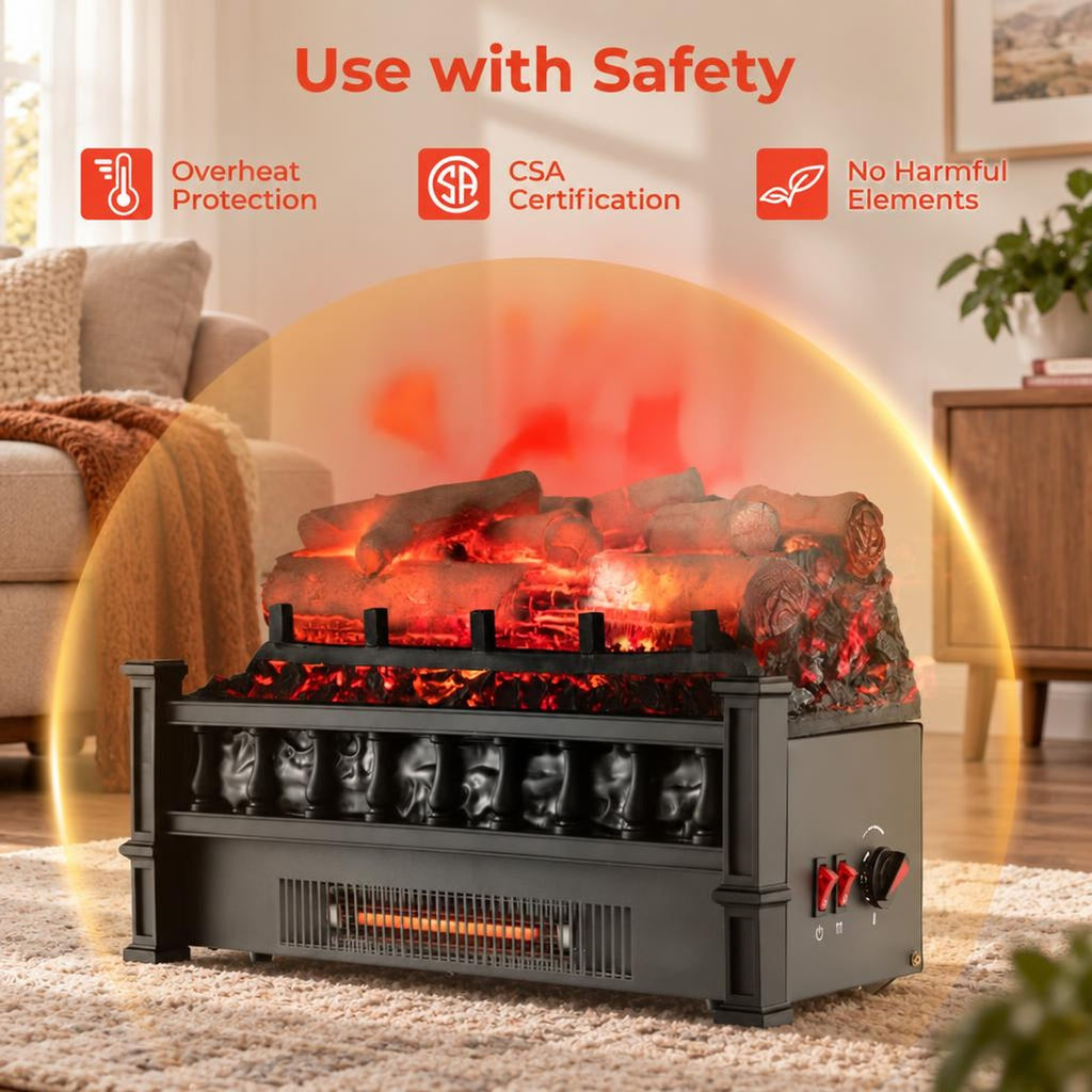 Airfind 20 Inch Electric Fireplace Heater with Realistic Birchwood Ember Bed, Black, Easy to operate with functional control panel