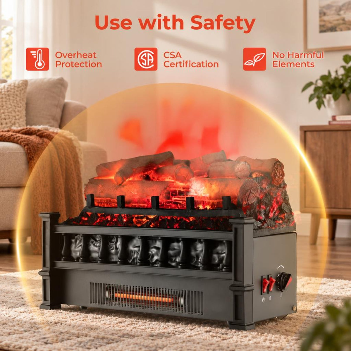 Airfind 20 Inch Electric Fireplace Heater with Realistic Birchwood Ember Bed, Black, Easy to operate with functional control panel
