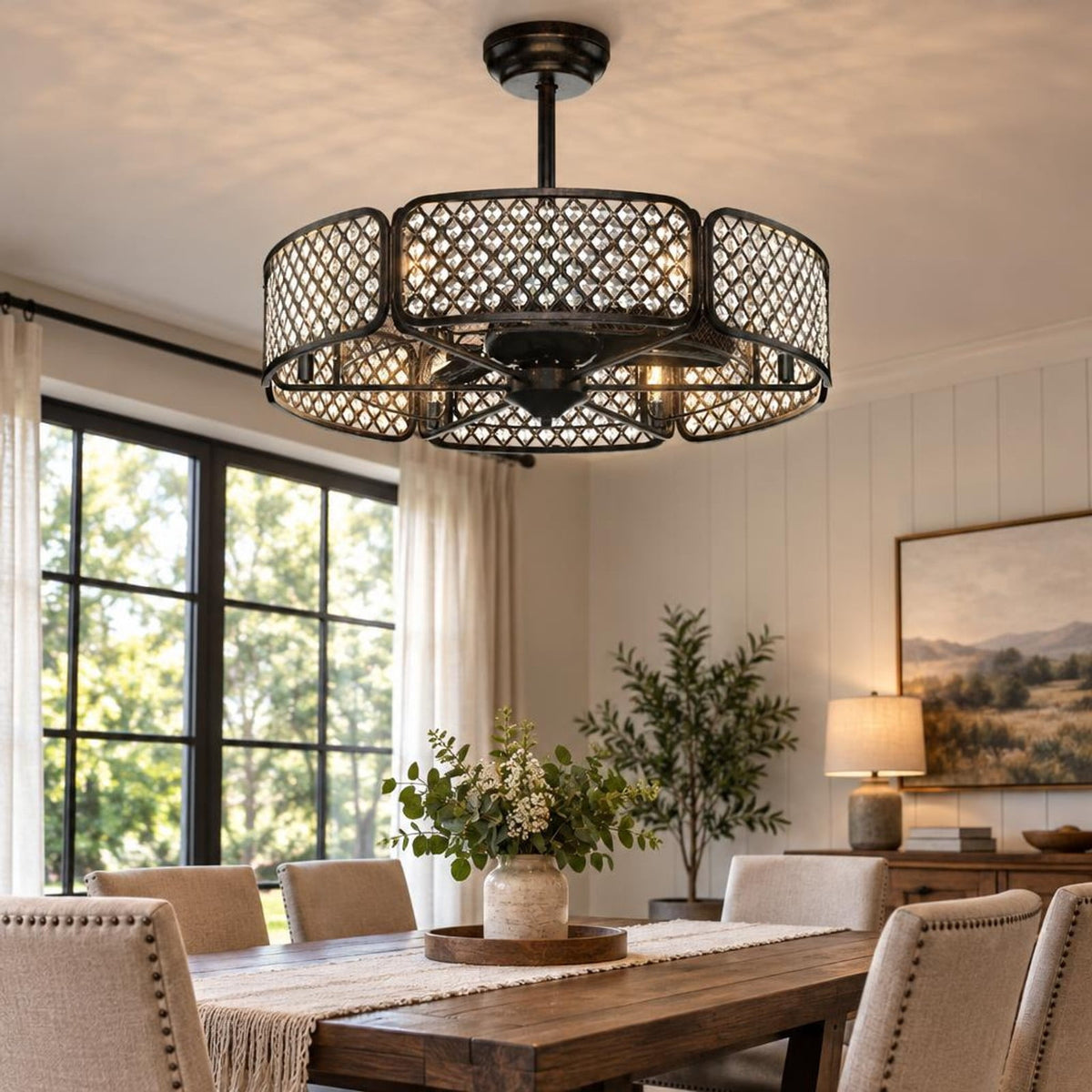 Airfind 30 Inch Caged Ceiling Fan with Light Crystal Lampshade 6 Light Bases, Iron Pp, Overall Dimension 30 Inch X 21 Inch or 31 Inch (d X, Brown