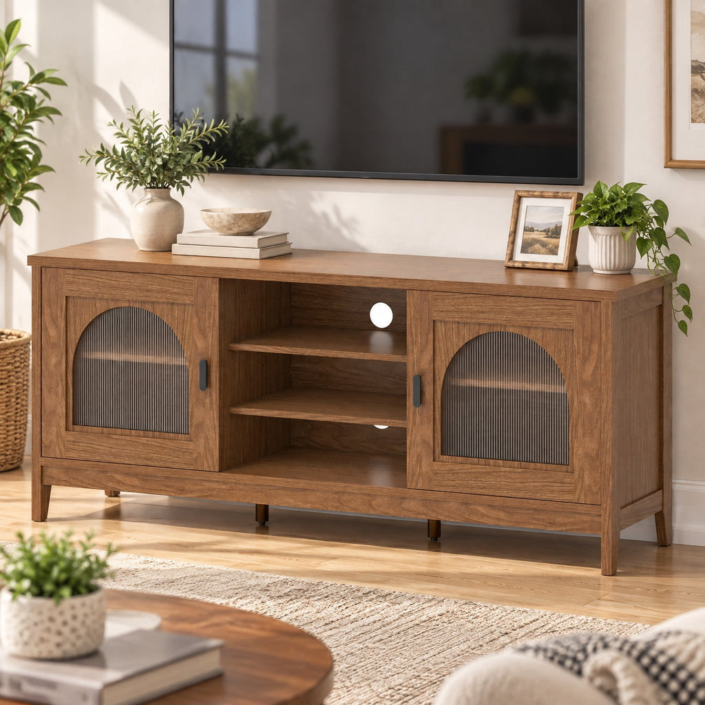 Airfind Modern Vintage TV Cabinet, with Adjustable Shelves and 2 Cable Holes for TVs up to 65 Inches, 176 lbs Capacity, Engineered Wood Frame, Walnut