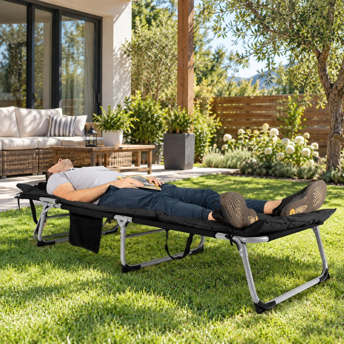 Airfind 4-Fold Oversize Padded Folding Lounge Chair with Removable Soft Mattress, 330lbs Capacity, Steel fabric sponge Frame, Black