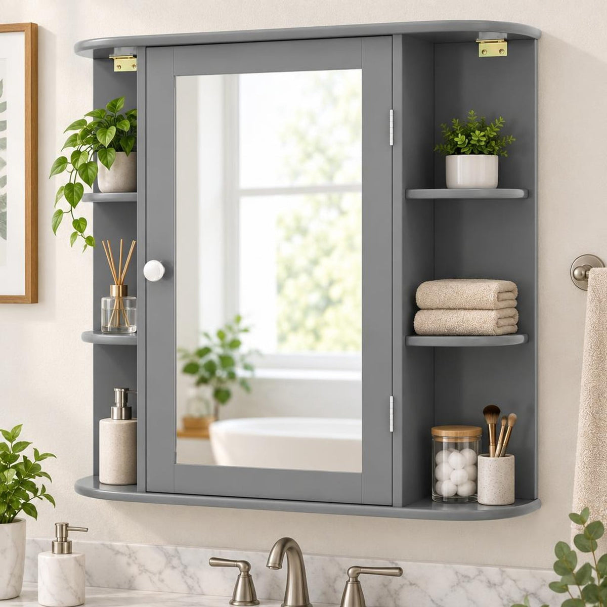 Airfind Multipurpose Mount Wall Surface Bathroom Storage Cabinet with Mirror, 44 lbs Capacity, MDF Frame, Gray