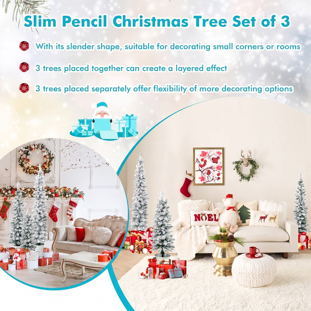 Airfind Set of 3 Potted Artificial Christmas Tree Snow, PVC Metal Flocking Tree Height 3/4/5 ft Tree Width 1 ft Frame, Green+Silver