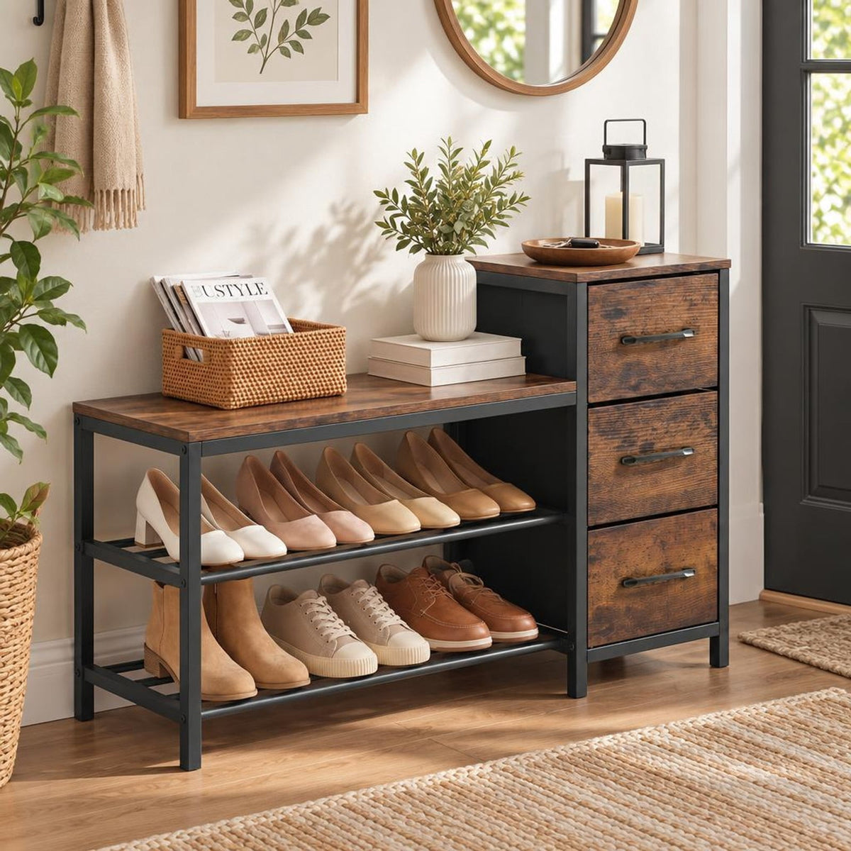 Airfind 3-Tier Industrial Shoe Bench with 3 Removable Fabric Drawers and Anti-toppling Kits, 209 lbs Capacity, Engineered Wood Frame, Brown