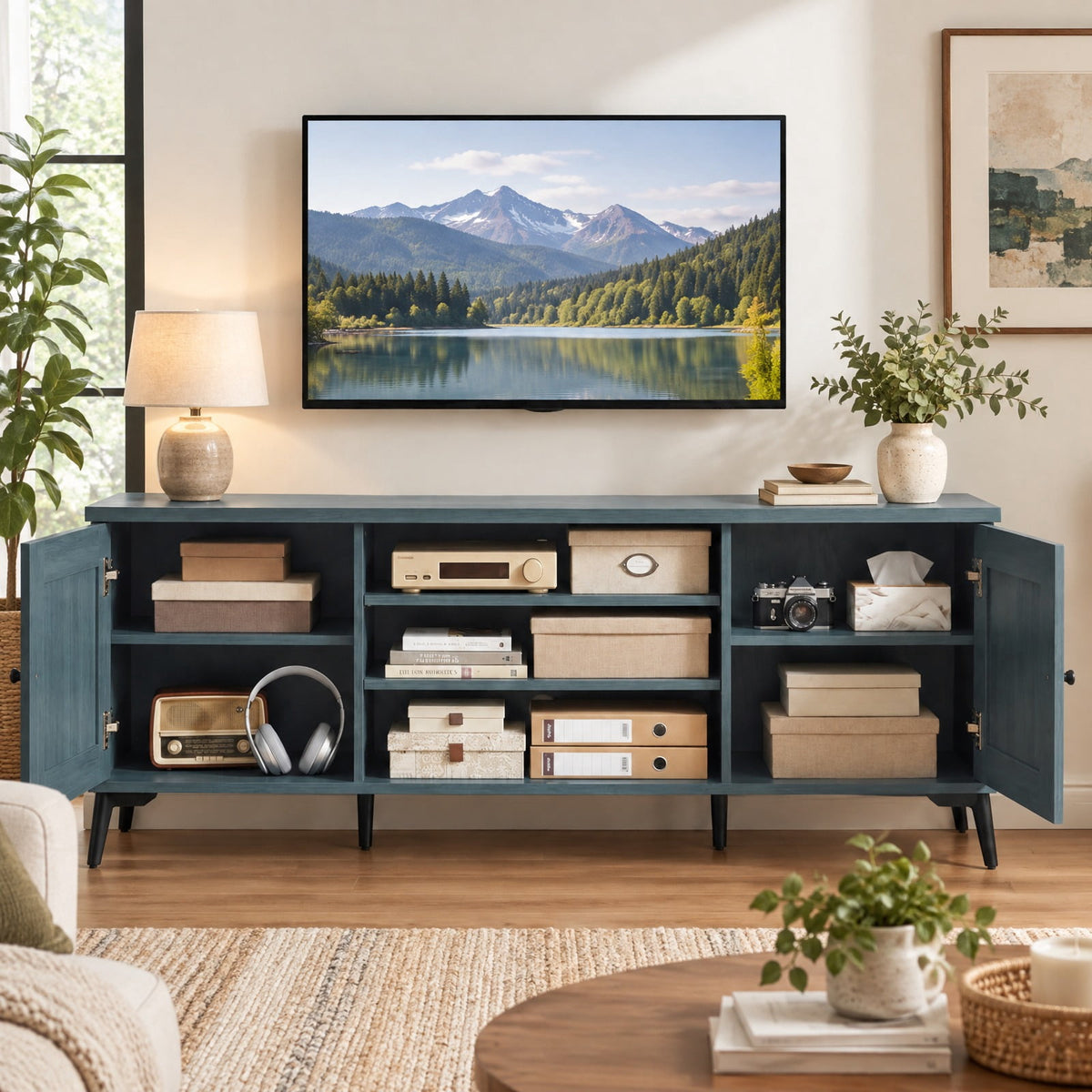 Airfind 2-Door TV Stand for TVs up to 65 Inch Mid Century Modern Entertainment Center, 176 lbs Capacity, Engineered Wood Metal Frame, Turquoise