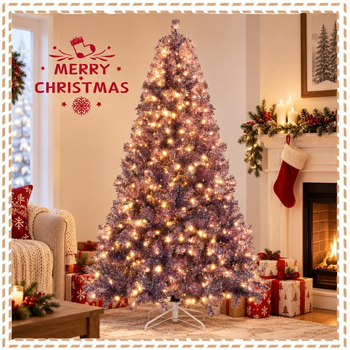 Airfind 7.5 FT Pre-Lit Purple Tinsel Christmas Tree with Warm White LED Lights, PVC and PET Artificial Fir Tree with Metal Stand, Purple