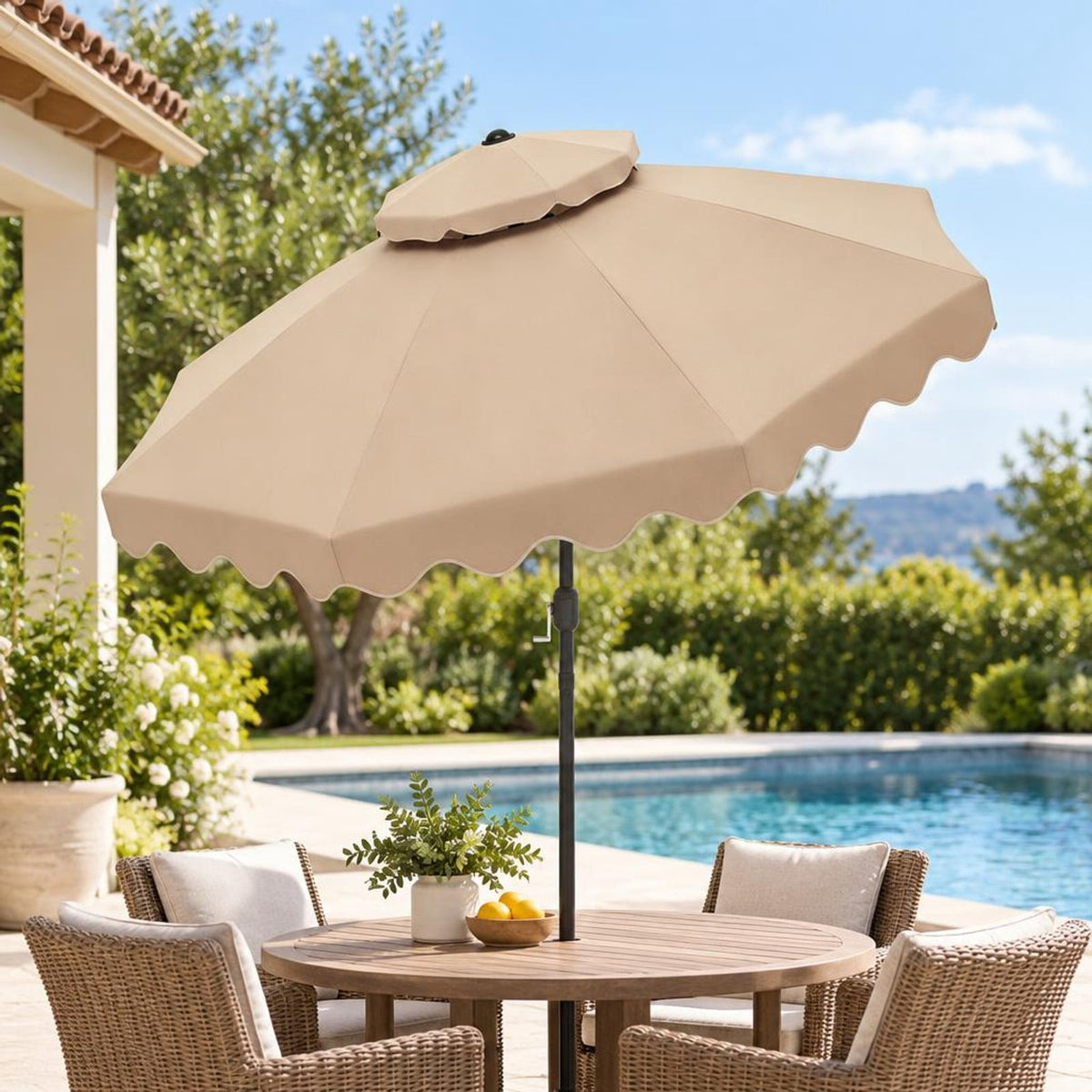 Airfind 9 Feet Patio Umbrella with Push Button Tilt and Crank, Polyester Fabric Metal Frame, 9 x 8.1 ft Footprint, Beige