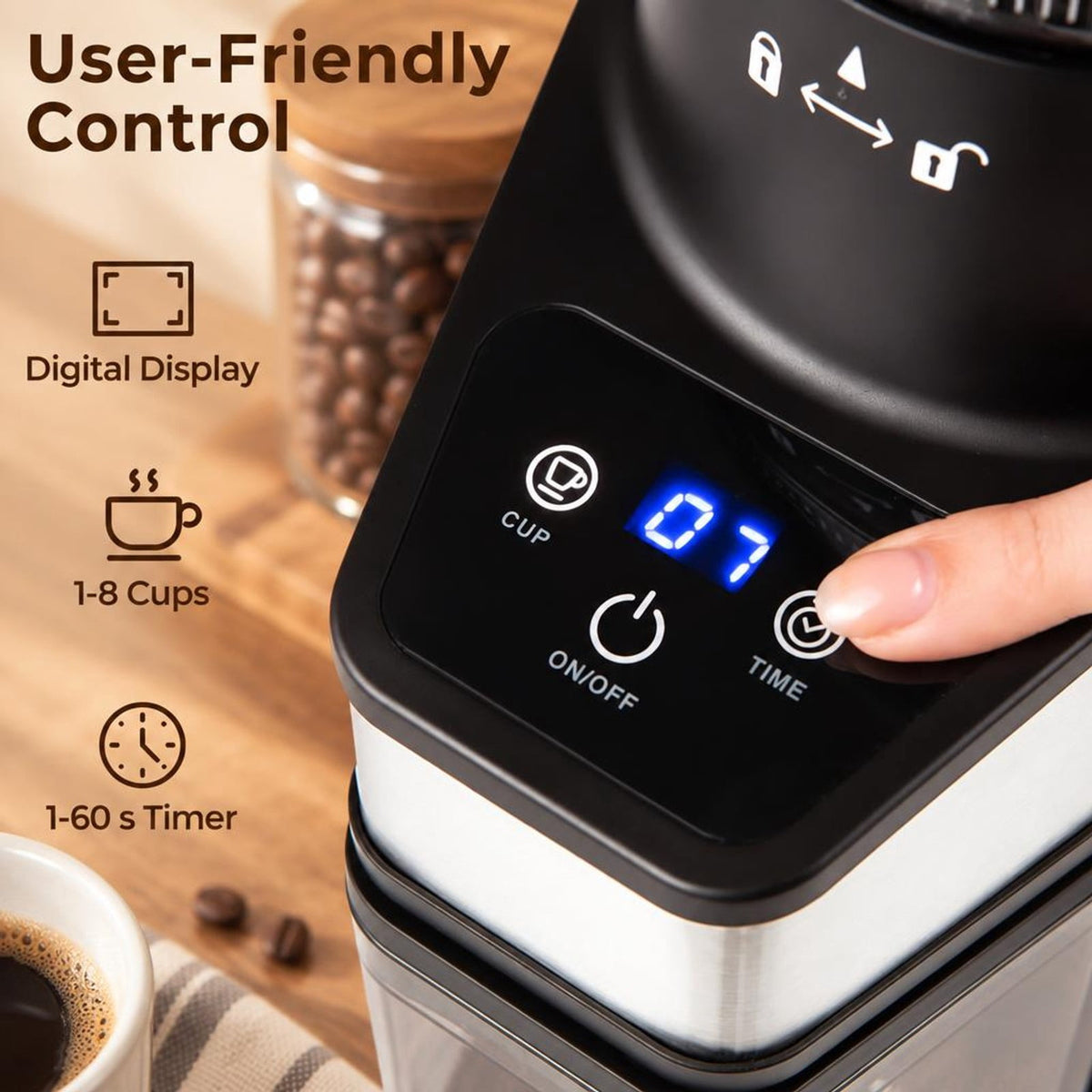 Airfind Conical Burr Coffee Grinder with 60 Precise Grinding Settings and Digital Display, Stainless Steel Aluminum Copper AS ABS Frame, Silver