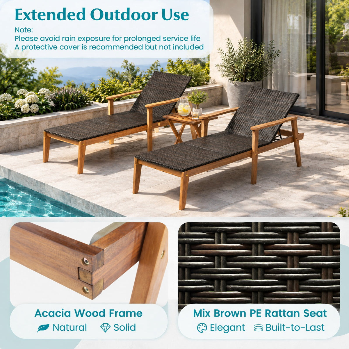 Airfind Outdoor Chaise Lounge Chair Rattan Patio Recliners with Armrests, Solid acacia wood frame for strong support
