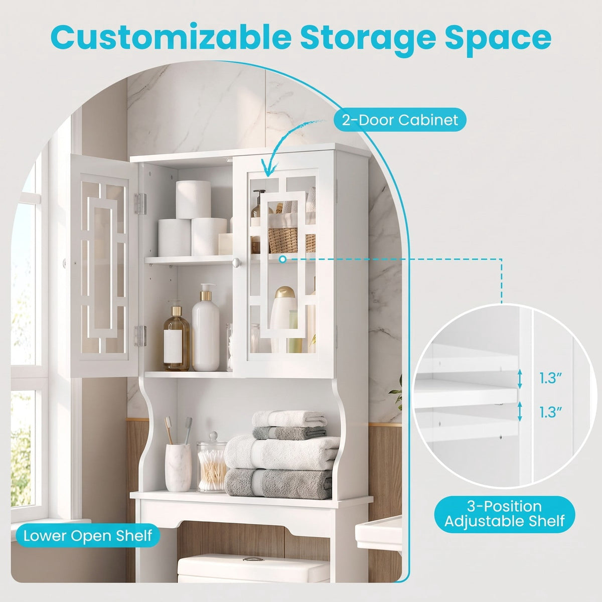 Airfind Bathroom Spacesaver Over the Toilet Door Storage Cabinet, 154 lbs Capacity, Engineered Wood Tempered Glass Frame, White