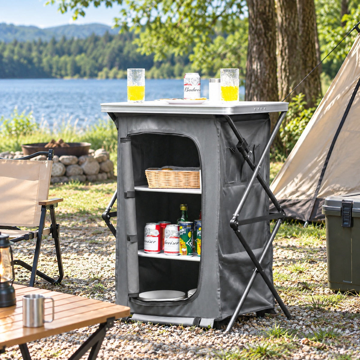 Airfind Folding Camping Storage Cabinet with 3 Shelves and Carry Bag, 33 lbs Weight capacity of each shelf: 11 lbs L: Capacity, Gray