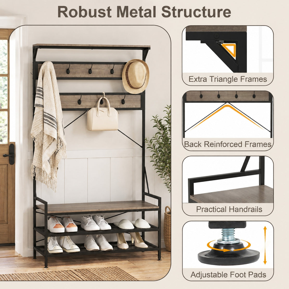Airfind Coat Rack 4-In-1 Hall Tree with 11 Hanging Hooks Shoe Bench, 341 lbs Capacity, Engineered Wood Metal Frame, 40 x 16 x 72.5 Footprint