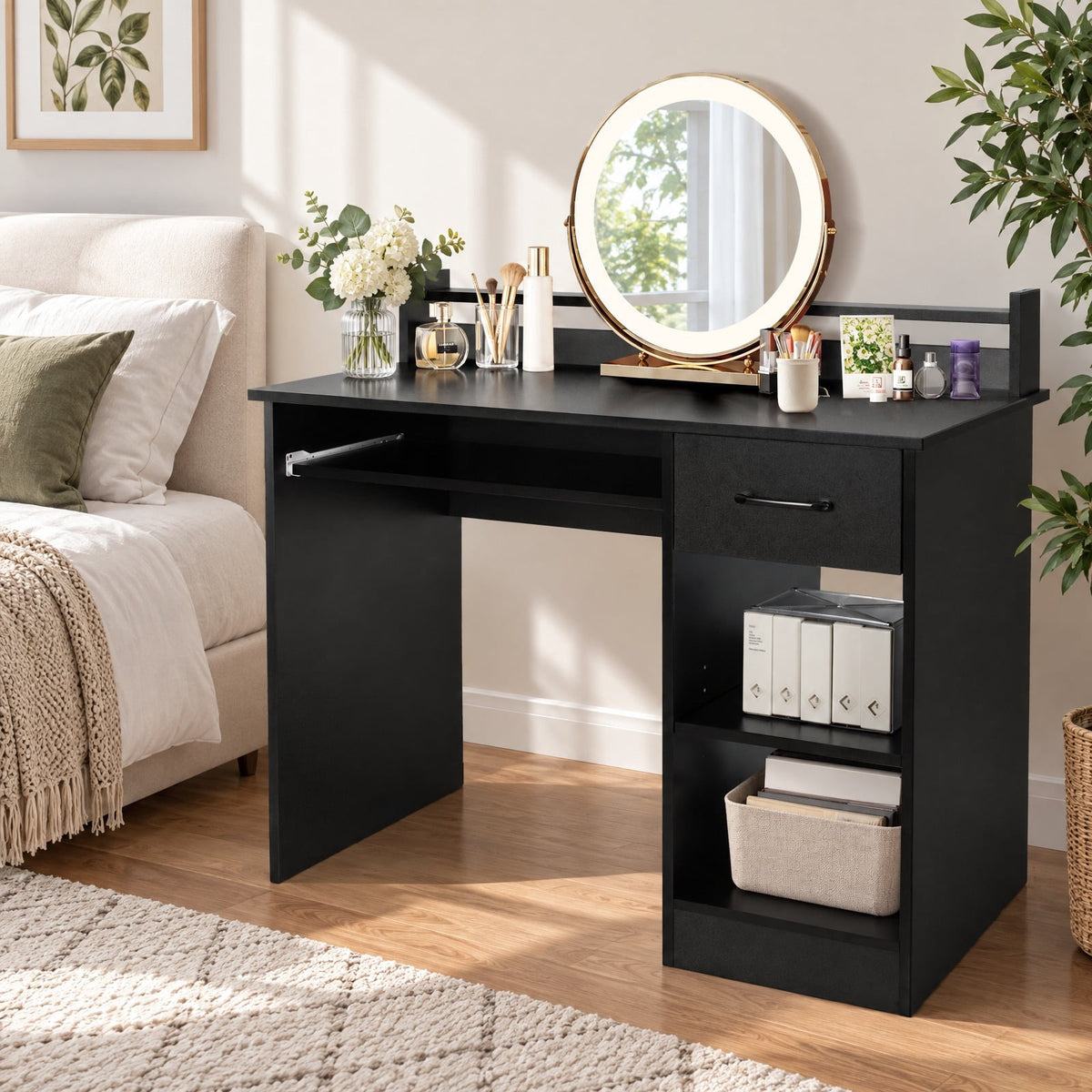 Airfind Study Laptop Table with Drawer and Keyboard Tray, 201 lbs Capacity, Engineered Wood MDF Frame, Black