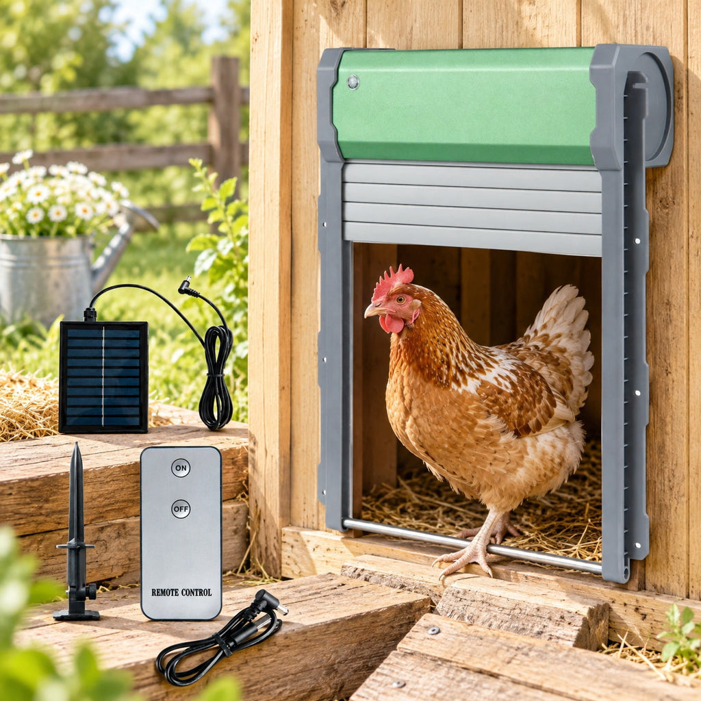 Airfind Automatic Chicken Coop Door with Remote Control and Light Sensor Timer, Aluminum ABS Silicon Frame, 14 x 12 x 4 Footprint, Green Sliver