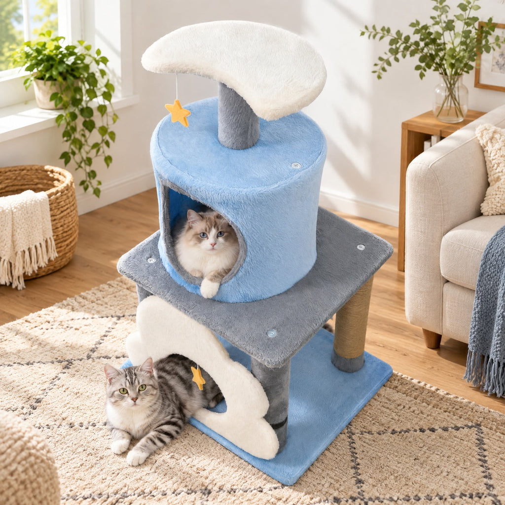 Airfind 31.5 Inch Cute Modern Cat Tree Multi-Level Kitten Tower, Engineered Board Plush Fabric Sponge Jute, 18.5 Inch X 16 Inch X 31.5 Inch Condo, Blue