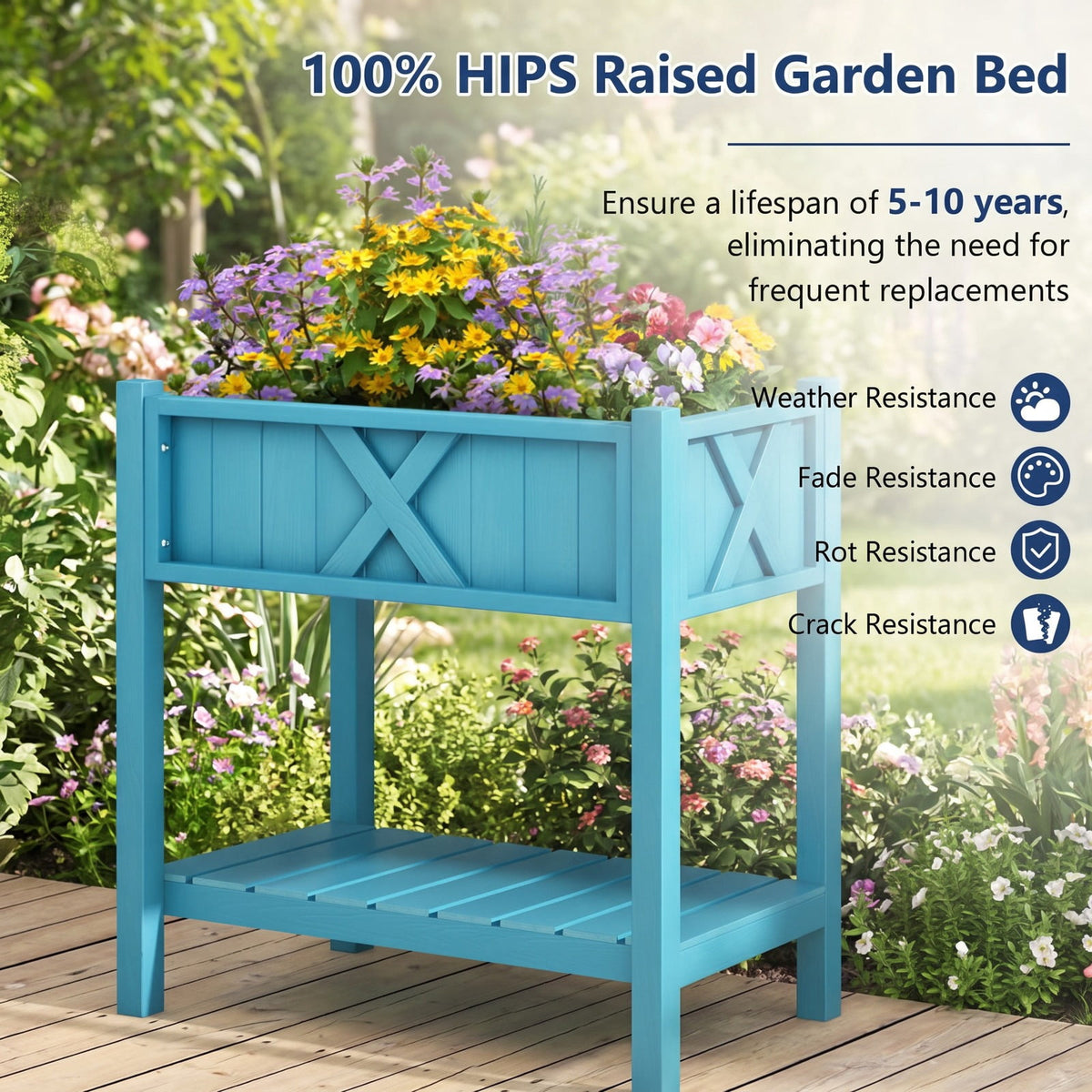 Airfind Poly Wood Elevated Planter Box with Legs Storage Shelf Drainage Holes, HIPS Frame, 47 x 18 x 29 (L x W x H) Interior Footprint, Blue