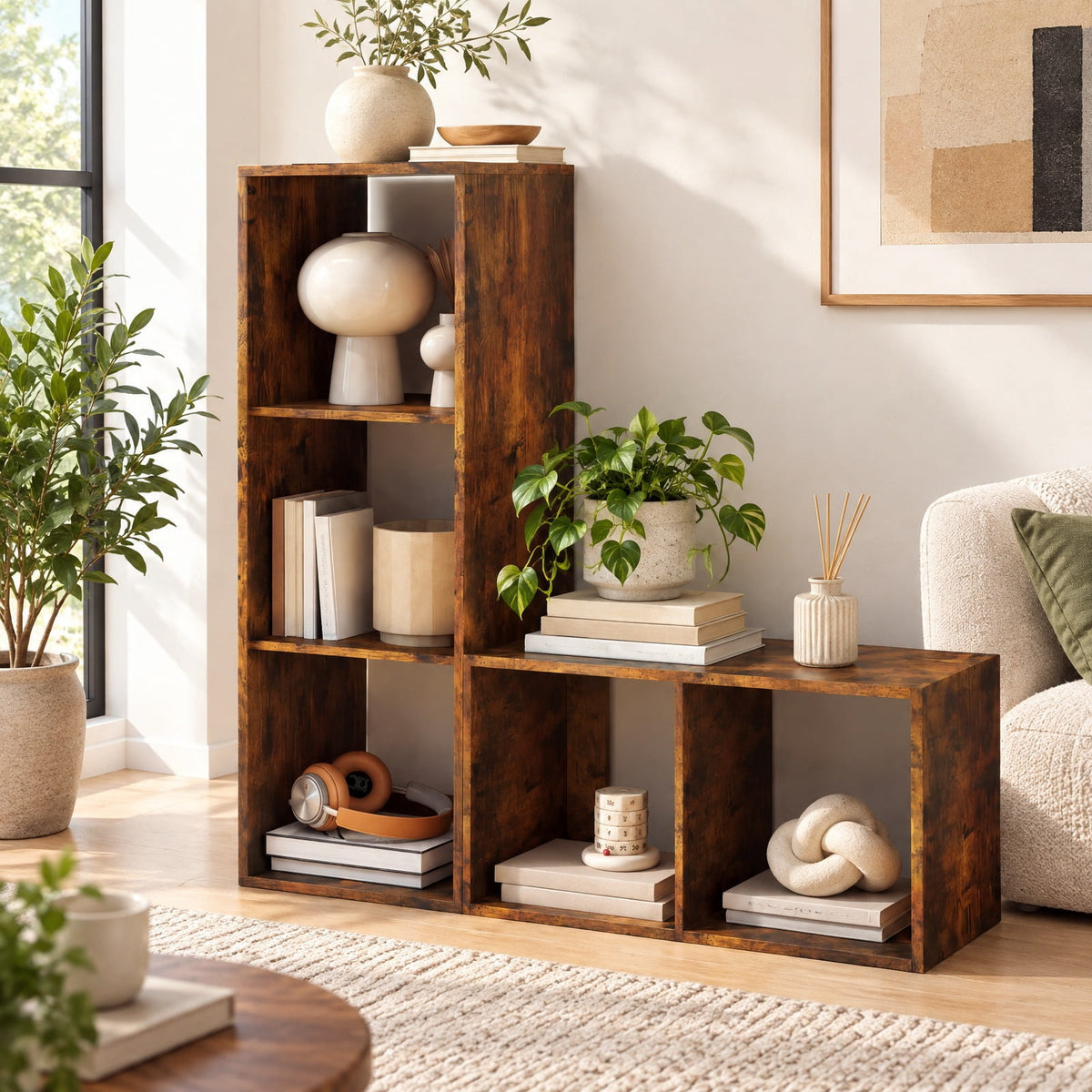 Airfind 3 Cube Bookshelf with Back Guardrail for Living Room Bedroom, Engineered Wood Frame, 14 Inch x 13 Inch x 41 Inch Depth of Bottom Shelf 12 Inch Footprint